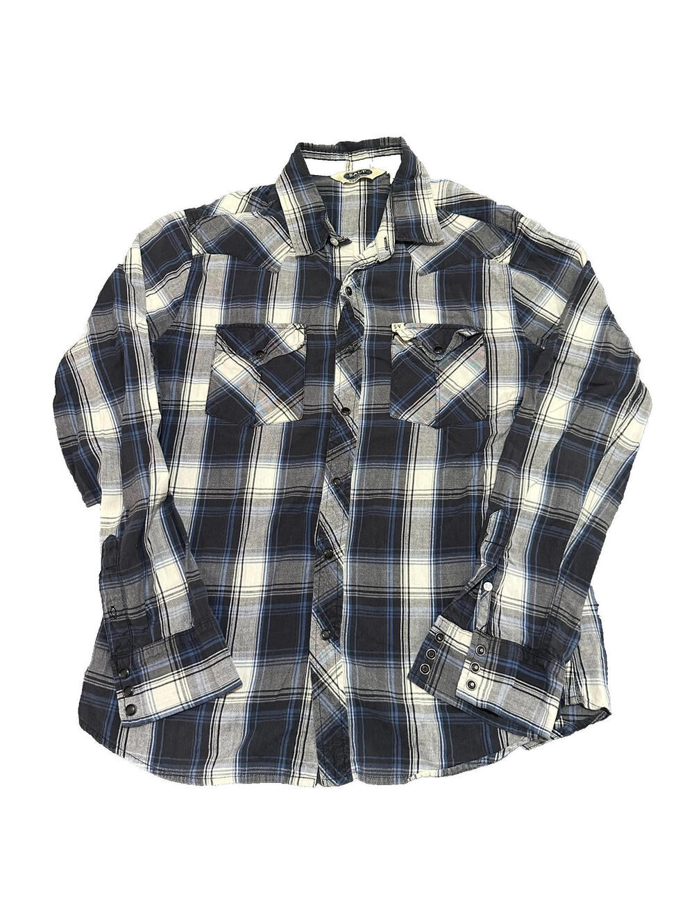 Salt Valley Western Shirt Flannel Blue Plaid Men Large L Button Up Long Sleeve